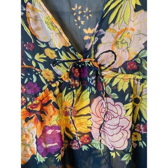 Vintage Y2K Boho Lemon Collection Floral Sheer Deep V Mini Dress Swim coverup - Picture 15 of 16
